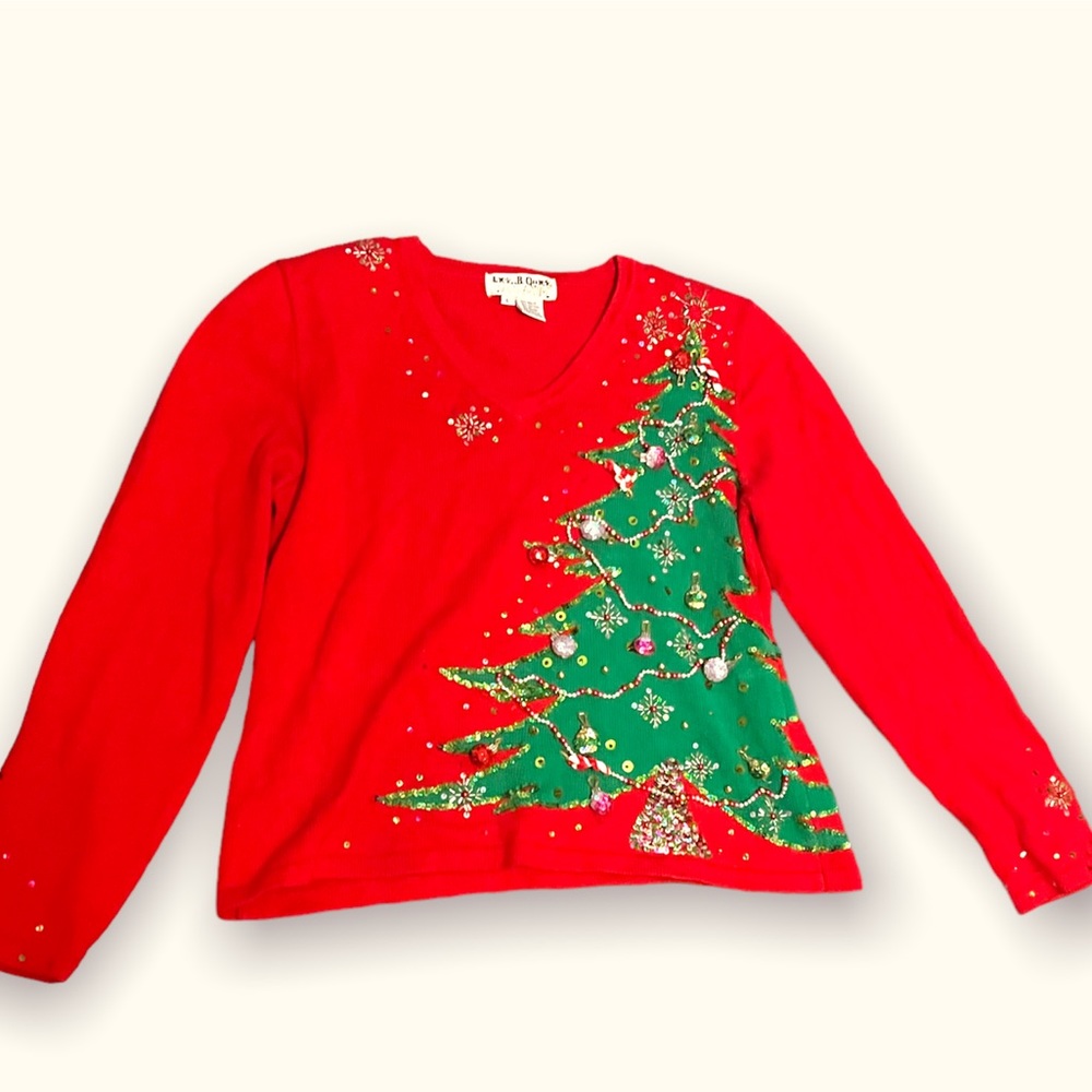 Jack B Quick Vintage Christmas Sweater Beaded Embroidered Tree Large